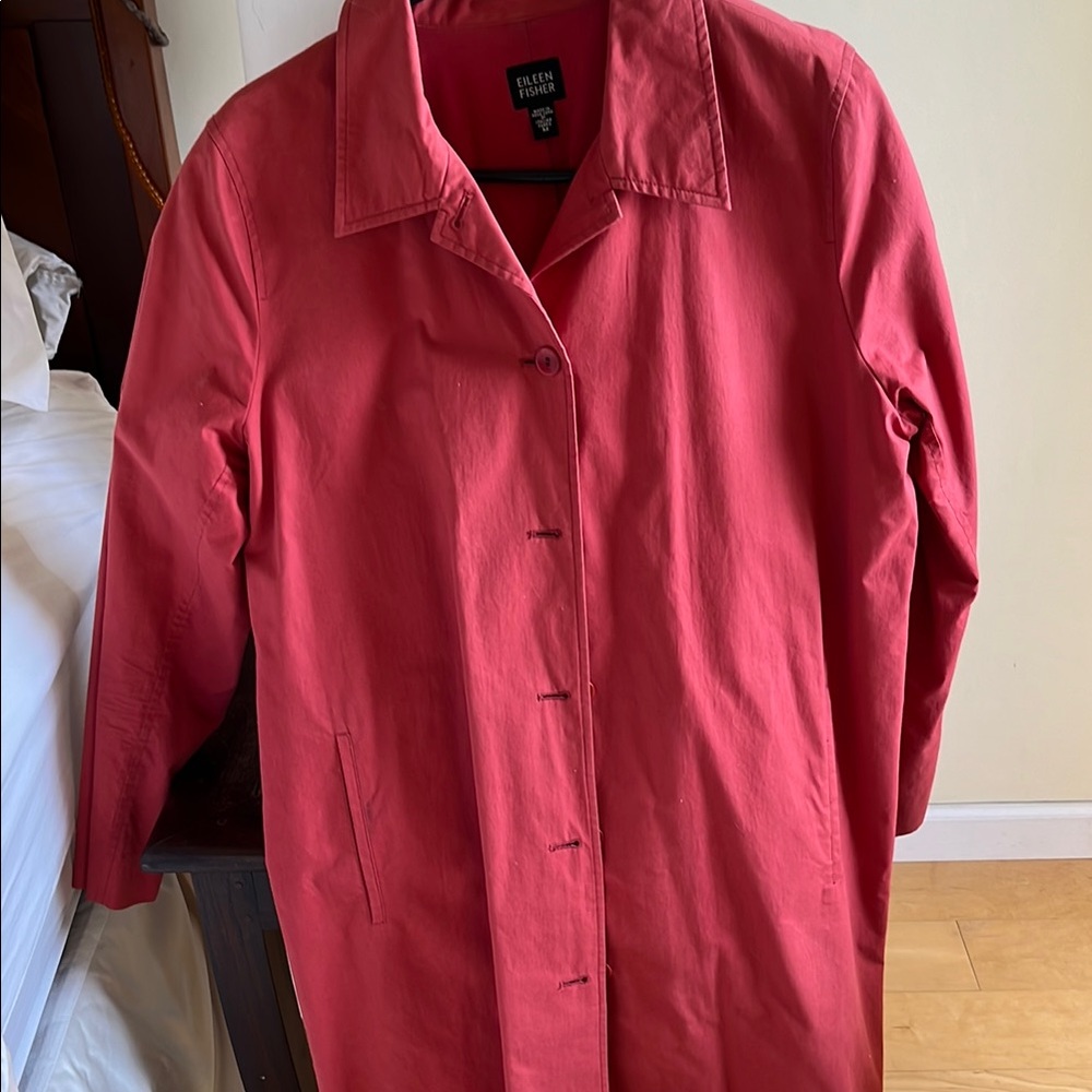 Eileen Fisher Red Trench Coat with Long Sleeves and Relaxed Fit